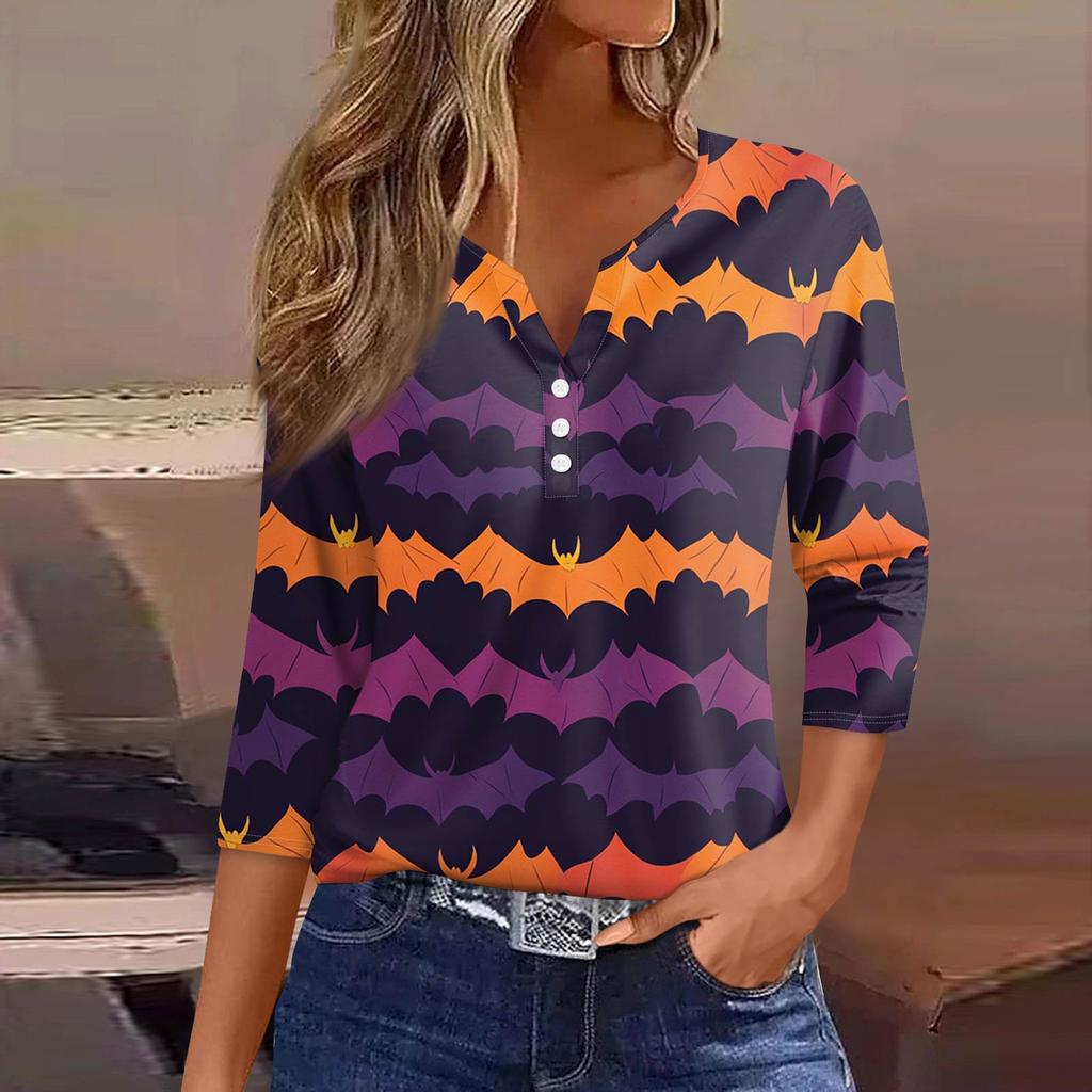 Women's Fashion Casual T-Shirt V-Neck Seven Sleeve  Printed Button Top