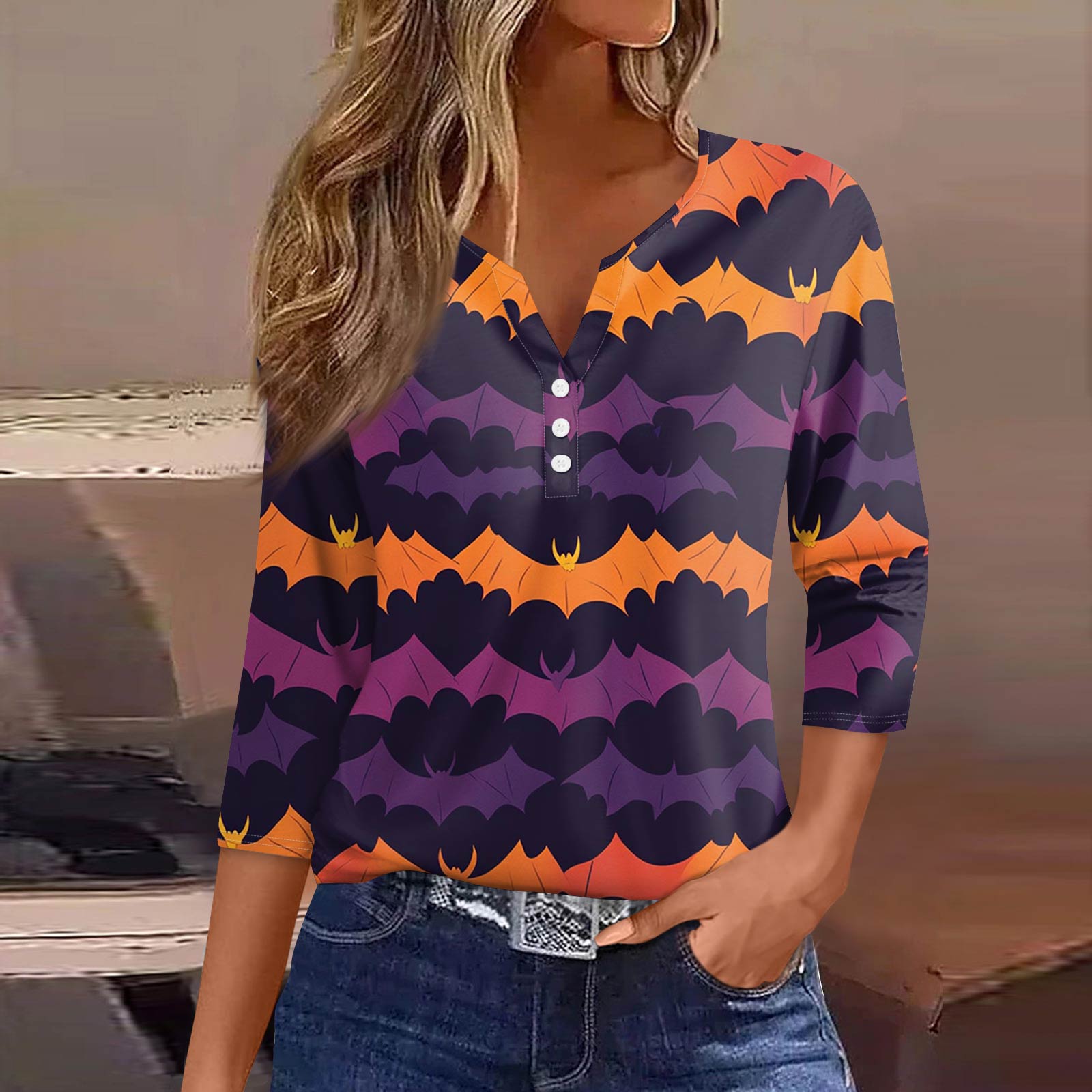 

Женская модная повседневная футболка с V-образным вырезом, рукавами семь, напечатанным на пуговицах XL фиолетовый