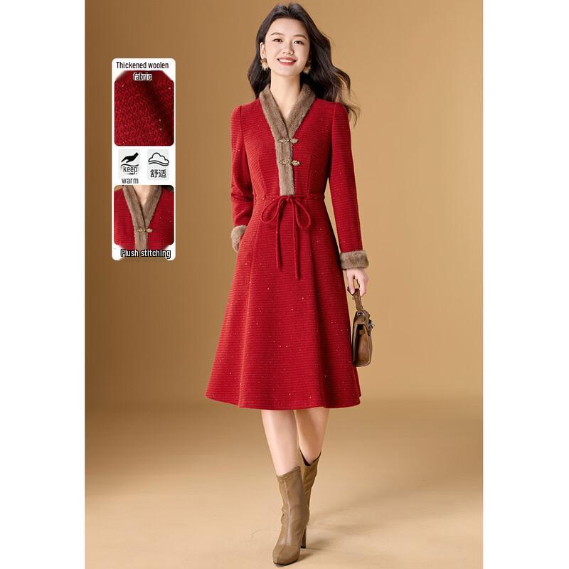 

New Chinese Style Fleece-Lined Wool Blend Dress M