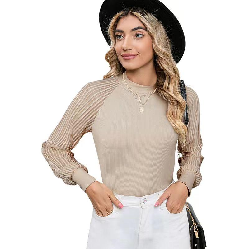 Fashion Mesh Sleeves Top Pullover Crew Neck Knitwear Mesh Long Sleeve round Neck Neck Top