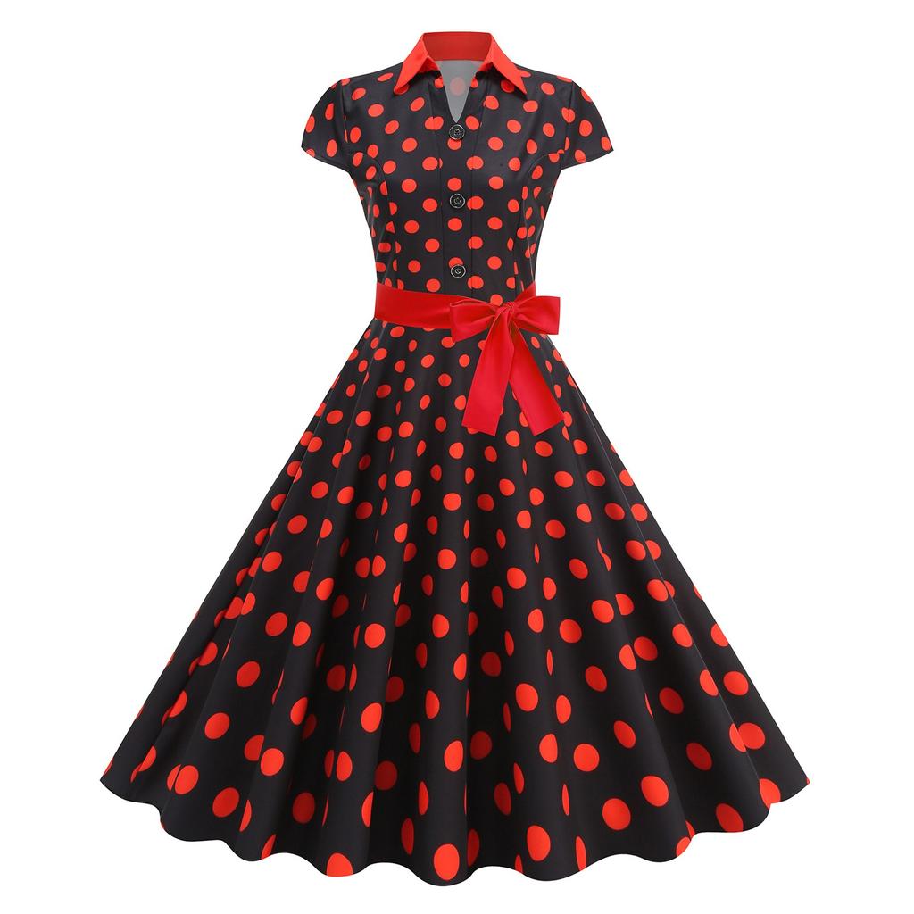 Women's Fashionable Retro Standing Collar Printed Spliced Large Swing Lace Dress