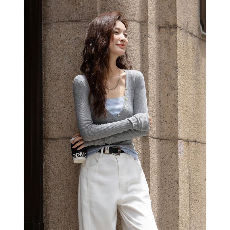 

Women s Slim Fit Faux Two-Piece Wool Blend Colorblock Knit Top L