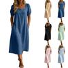 Women Casual Solid Color Square Neck Short Sleeve Linen Cotton Blend Midi Dress with Pockets Lightweight Summer Dress