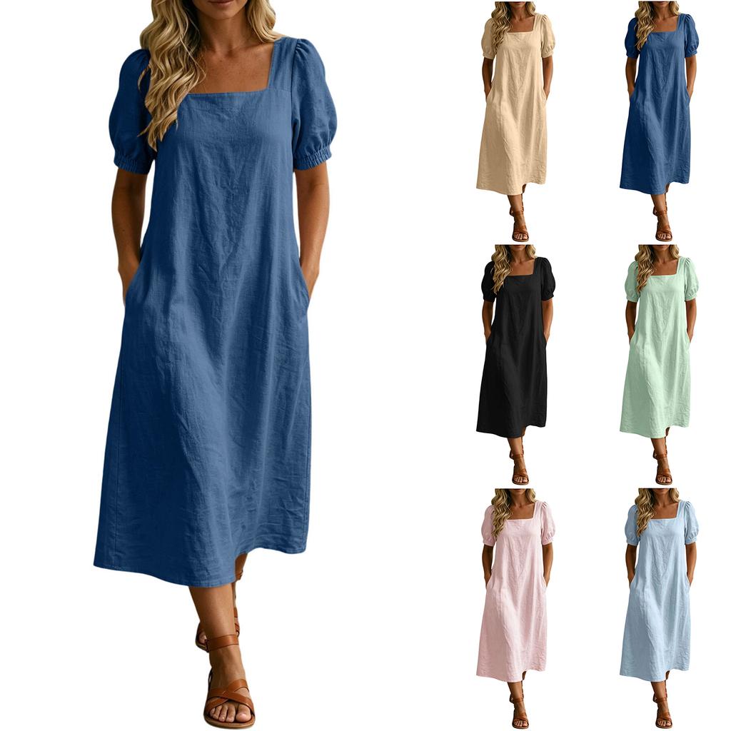 Women Casual Solid Color Square Neck Short Sleeve Linen Cotton Blend Midi Dress with Pockets Lightweight Summer Dress