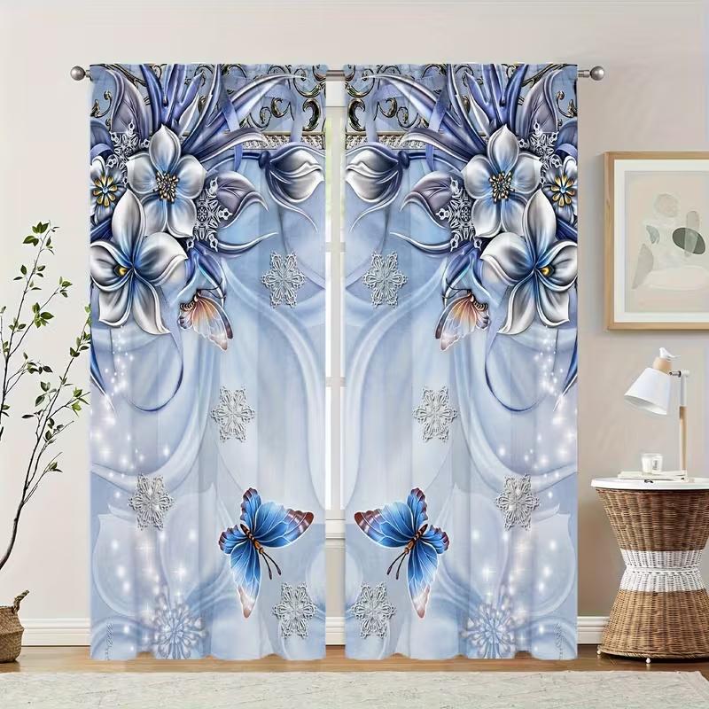 2 Pcs Blue Flower Butterfly Print Curtains,suitable for Bedroom,living Room Kitchen Decoration,home Decoration,window Decoration