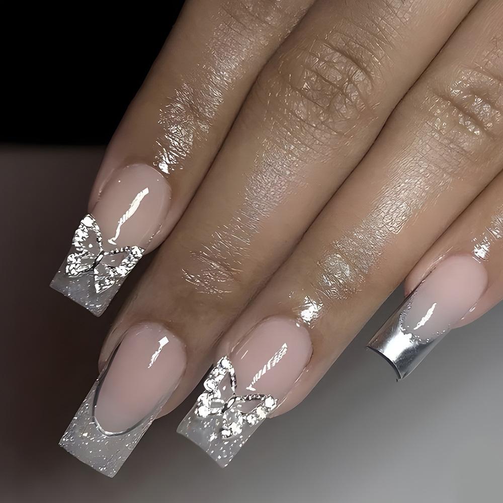 24 pz/set Quick Nails Glitter Bianco Gradiente Nail Art French Unghie Indossabili Adesivi per Unghie Rimovibili Impermeabili Unghie Finte