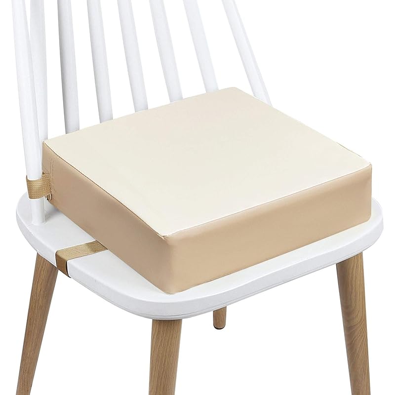 Toddler Booster Seat Dining, Washable 2 Straps Safety Buckle Kids Booster Seat for Dining Table, Portable Travel Increasing Cushion (Beige-PU)