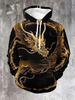 Golden Dragon Portrait Print Hoodie for Men, Shiny Gold Serpent and Ornate Ring Graphics Full Graphic Loose Pullover, Ideal for Oriental Style Sports
