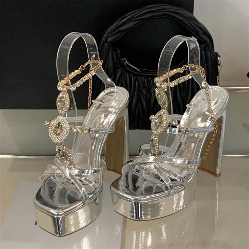 Eilyken Summer Crystal Metal Chain Buckle Strap Women Sandals Sexy Banquet Party High Heels Shoes Platform Pumps