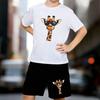 Boys 2 Piece Cartoon Giraffe Printed Outfit, Short Sleeve T-Shirt and Shorts Set for Kids Age 5-14,White Sporty Casual Summer Clothes