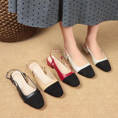 Große Größe, farblich passende Sandalen mit niedrigem Absatz im kleinen Duftwind-Stil, Damen-Sandalen mit dickem Absatz und Aufkleberleder, hinten offen, flacher Absatz, Retro-Damenschuhe lo