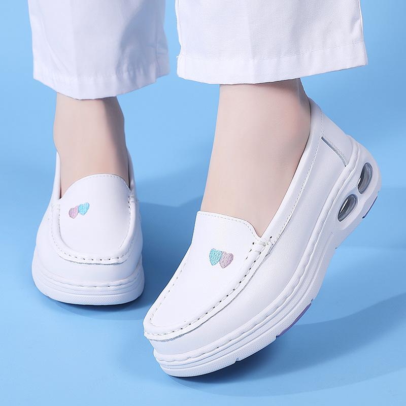 Summer Non-Slip Leather Nurse Shoes: Double Air Cushion, Thick Soft Sole, Breathable, Comfortable for Medical Work