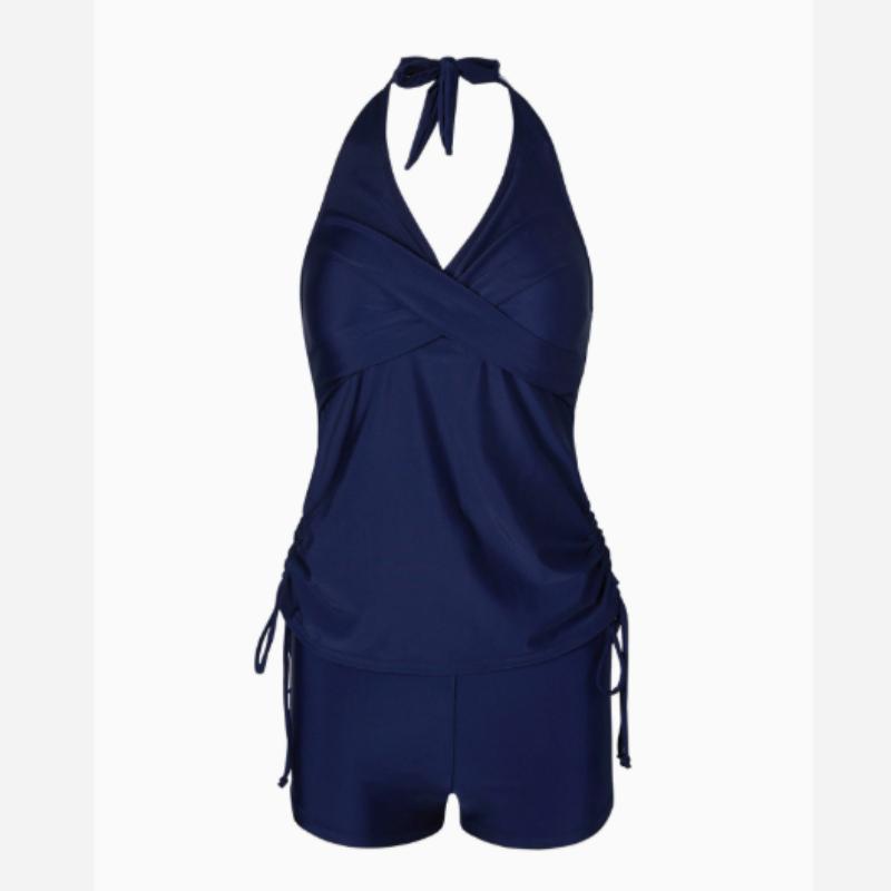 

Классический черный комплект танкини с завязками на шее, купальник-боксер с рюшами и перекрестными вставками по центру, женская одежда для плавания и купальники 2XL темно-синий
