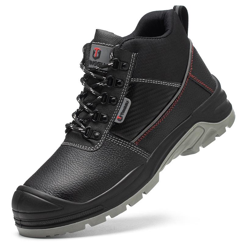 Men's Black High-Top Cowhide Steel Toe Cap Safety Shoes, Anti-Static, Anti-Smash, Anti-Puncture.