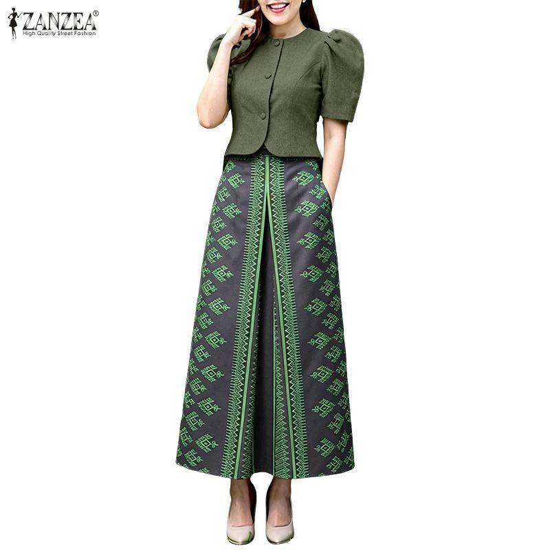 ZANZEA Women Short Sleeve Blouse and Print Long Skirts Two Piece Suit Sets