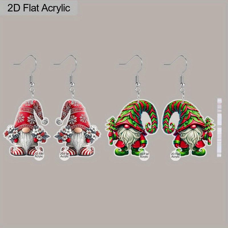 2D Flat 2pairs Red and Green Dwarf Acrylic Dangle Earrings, Perfect Gift for Women, Christmas Party Jewelry