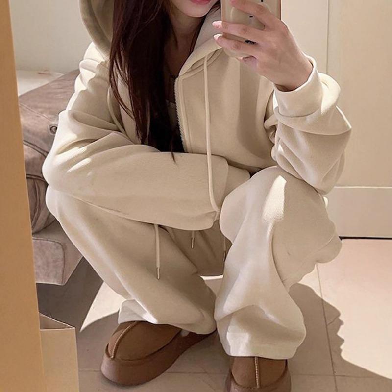 Women Casual Loose Korean Style Hooded Sweatshirt Long Pants Two Piece Sports Set