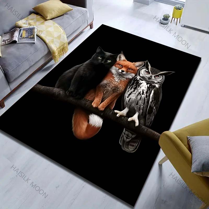 Black Cat Fox Owl Print Carpet for Bedroom Living Room Bedside Sofa Floor Mat Modern Home Decor Area Rug Large Size