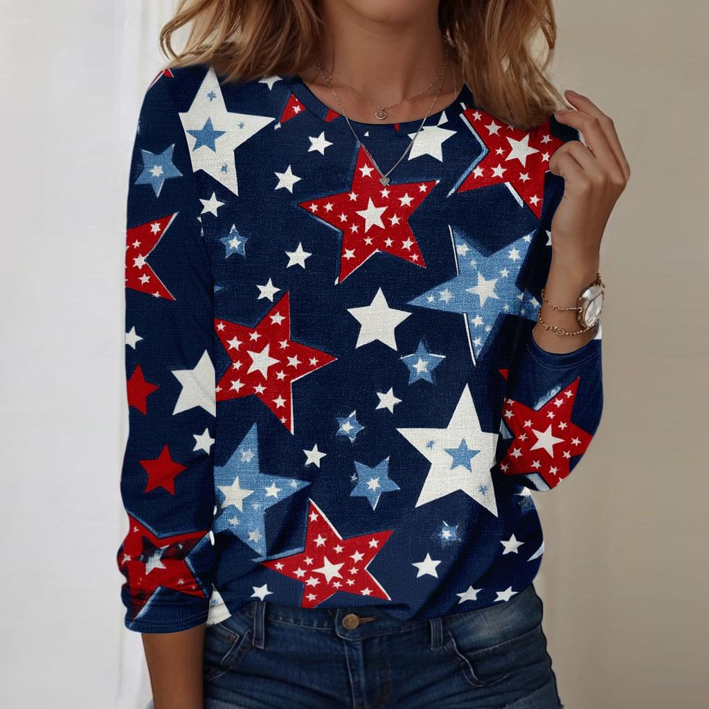 Damen Casual Langarm Rundhals Oberteil Unabhängigkeitstag Blumenprint Leichter Pullover für den Alltag