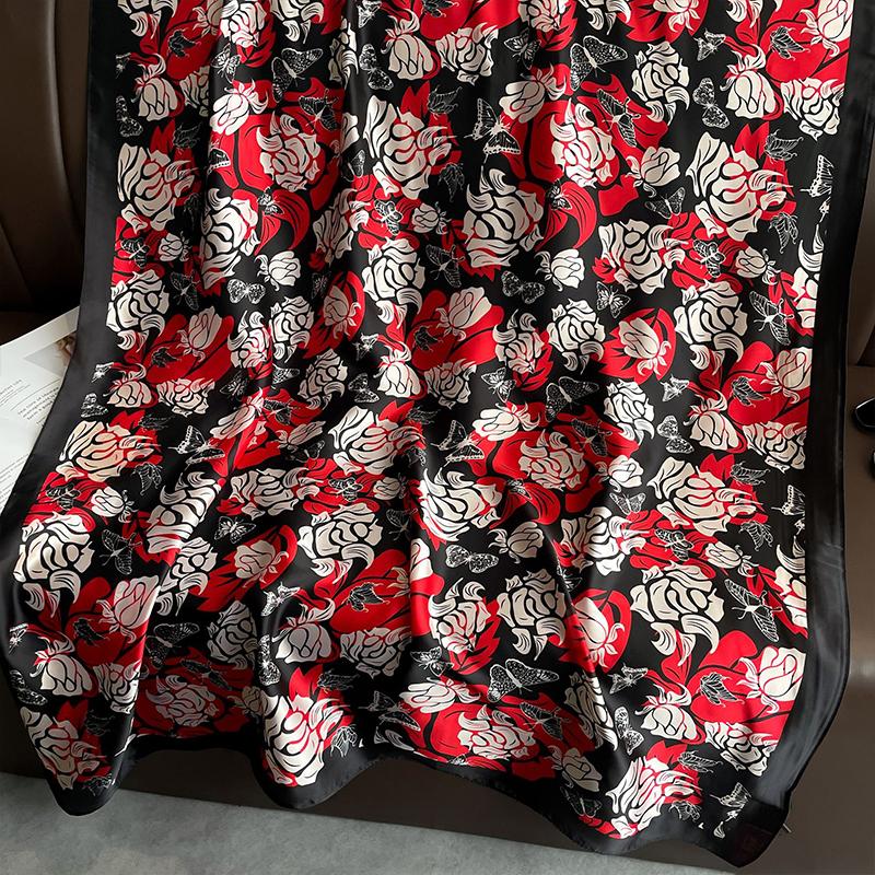 New Elegant Women Silk Scarf Beach Wrap Shawl Vintage Satin Floral Print Sunscreen Bandana Hijab Mujer Boho Scarve Foulard Pareo