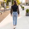 Womens Spring Tops Button Down Denim Shirt with Sheer Long Sleeves Summer Shirts for Women Casual Style Dressy Tops for Women