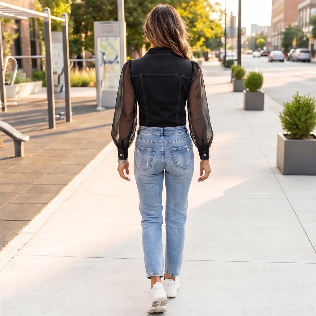 Womens Spring Tops Button Down Denim Shirt with Sheer Long Sleeves Summer Shirts for Women Casual Style Dressy Tops for Women