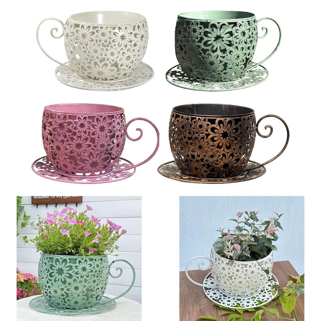 Creative Metal Coffee Cup Planter Pot Flower Vase Centerpiece for Indoor Outdoor Desk and Balcony Decor