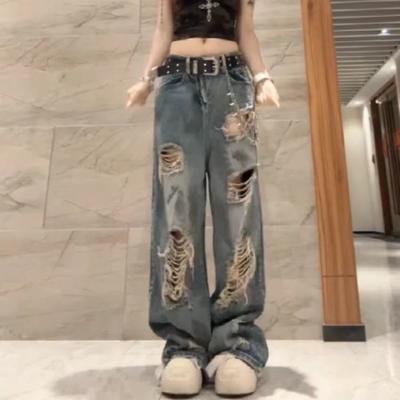 Women's Y2K Grunge Distressed Dirty-Wash Jeans - High-Waist Loose Straight Wide-Leg Pants for Summer