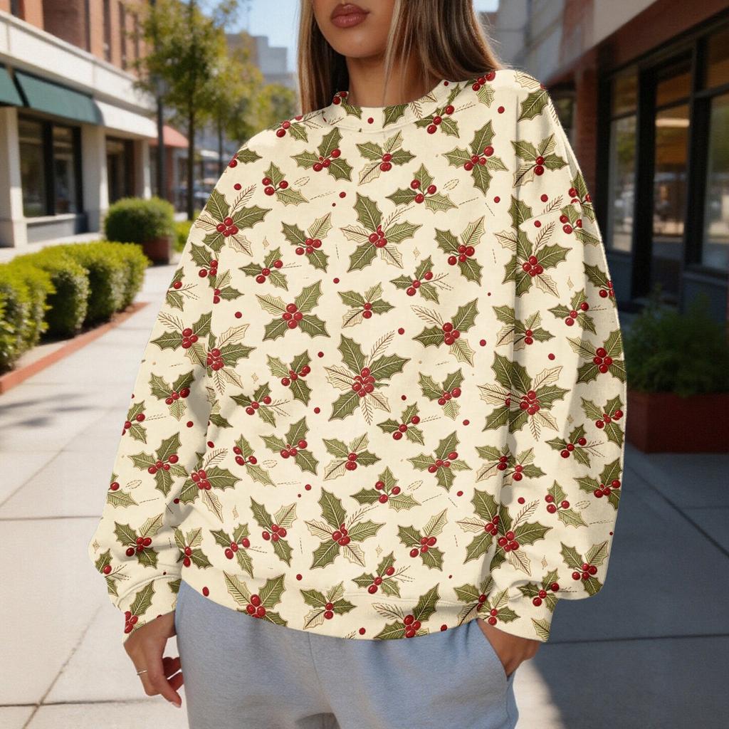 Women's Christmas Print Crewneck Sweatshirt Lightweight Casual Long Sleeve Pullover Top