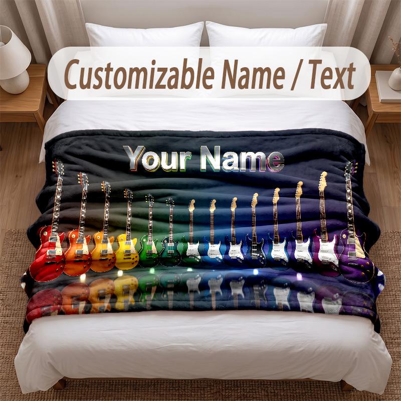 Music Guitar Theme Soft Blanket Personalized Custom Name Text Print Warm Blanket Home Sofa Bedroom Decor