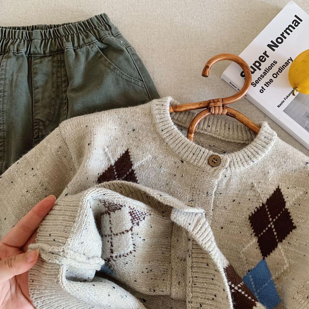 Children'S Sweater Autumn New Boys Retro Rhombus Knitted Cardigan Baby Girl Spring And Autumn Clothes