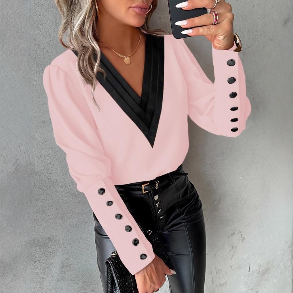 Women's Long Sleeve Blouse V Neck Elegant Solid Color Button Satin Casual Office Shirt Top