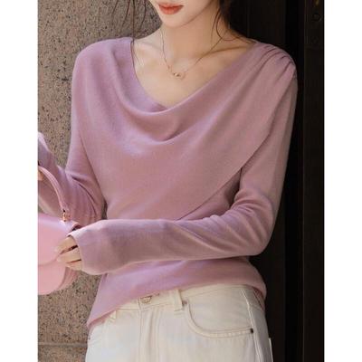 Women's Elegant Drape Neck Long Sleeve Wool Blend Knit Sweater