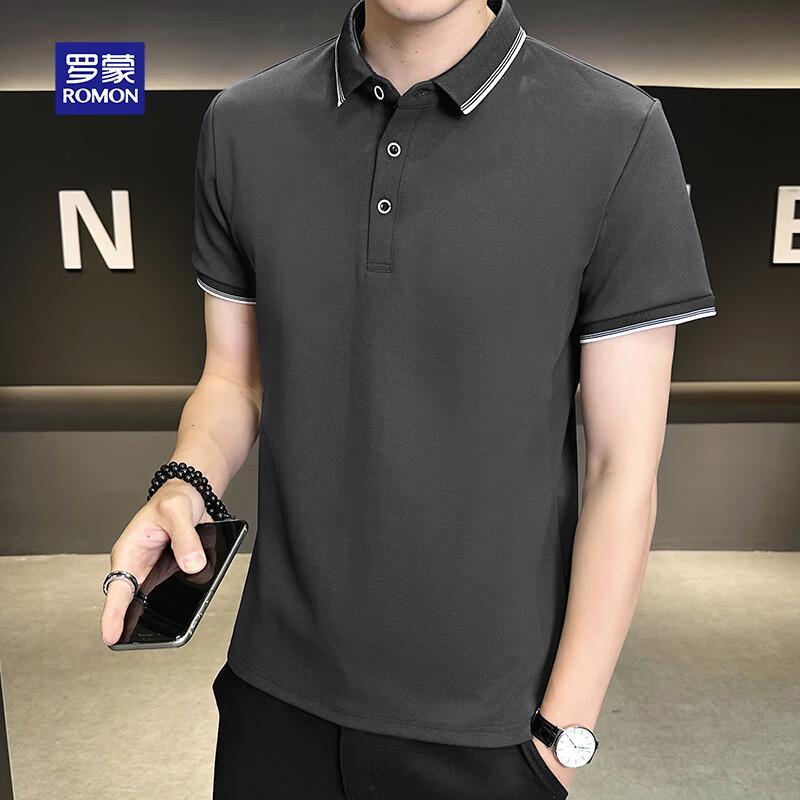 ROMON Men's Striped Collar Short Sleeve Polo Shirt