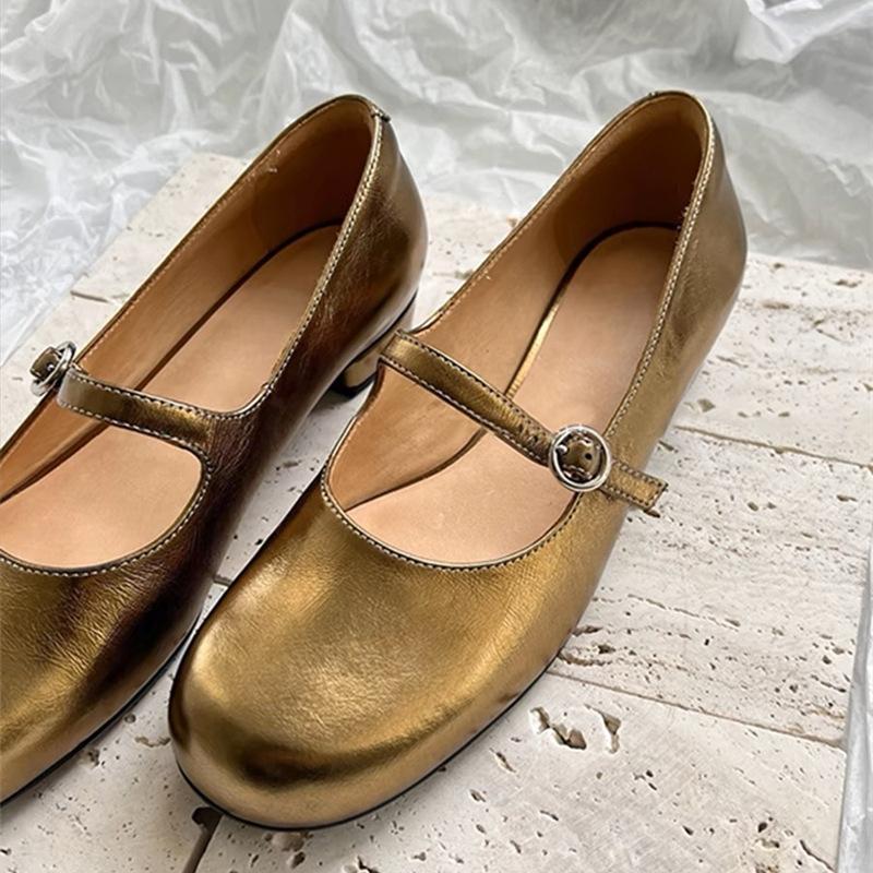 

Genuine leather gold and silver niche round head with soft-soled single shoes women s flat-soled ballet Mary Jane shoes 40 серебряный