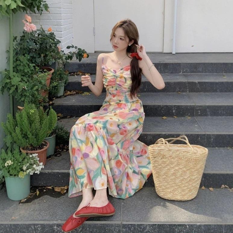 Seaside Vacation Dopamine Floral Dress with a Unique Design, a Stunning and Stunning Fairy-like French Spaghetti Strap Long Dress