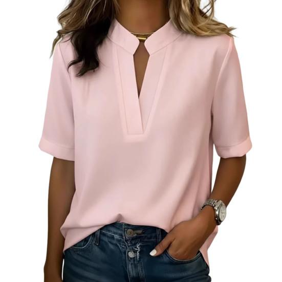

Women Shirt V-neck Open Collar Short Sleeve Loose Fit Casual Tops Pure Color Versatile Style Shirt Summer Work Casual Wear M розовый