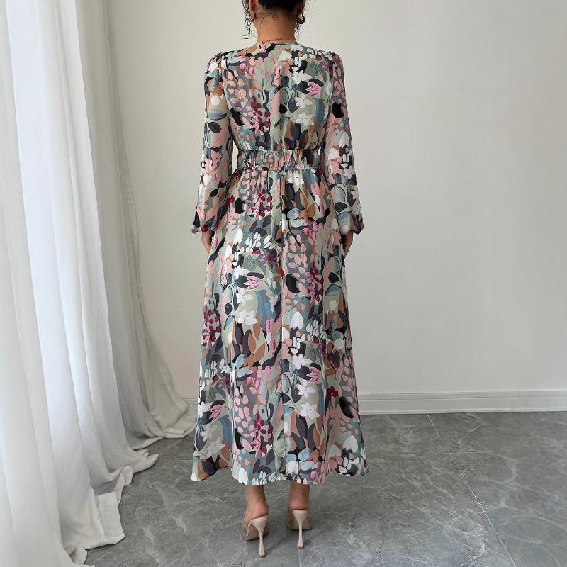 Elegantes und stilvolles bedrucktes V-Ausschnitt Korsettkleid für Damenfrühling und -sommer