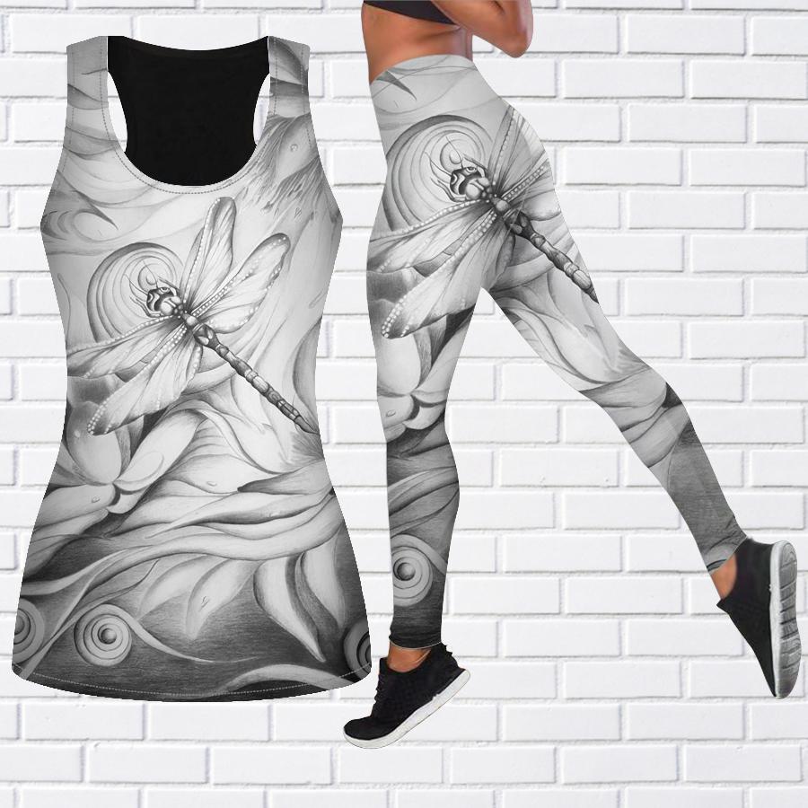 Purple Dragonfly Print Yoga Outfit for Women Fashion Workout Leggings Fitness Sports Casual Yoga Pants