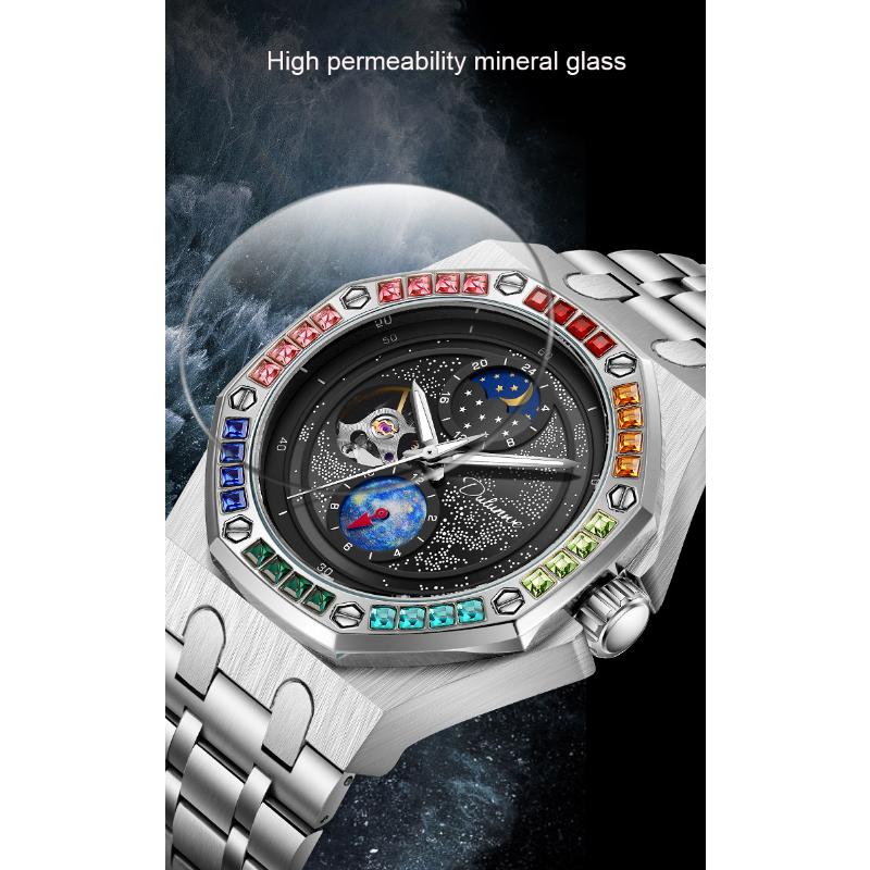Rhinestone Set Bezel Design Men Automatic Steel Mechanical Watch Tourbillon Luminous Waterproof Men's Wrist Watch