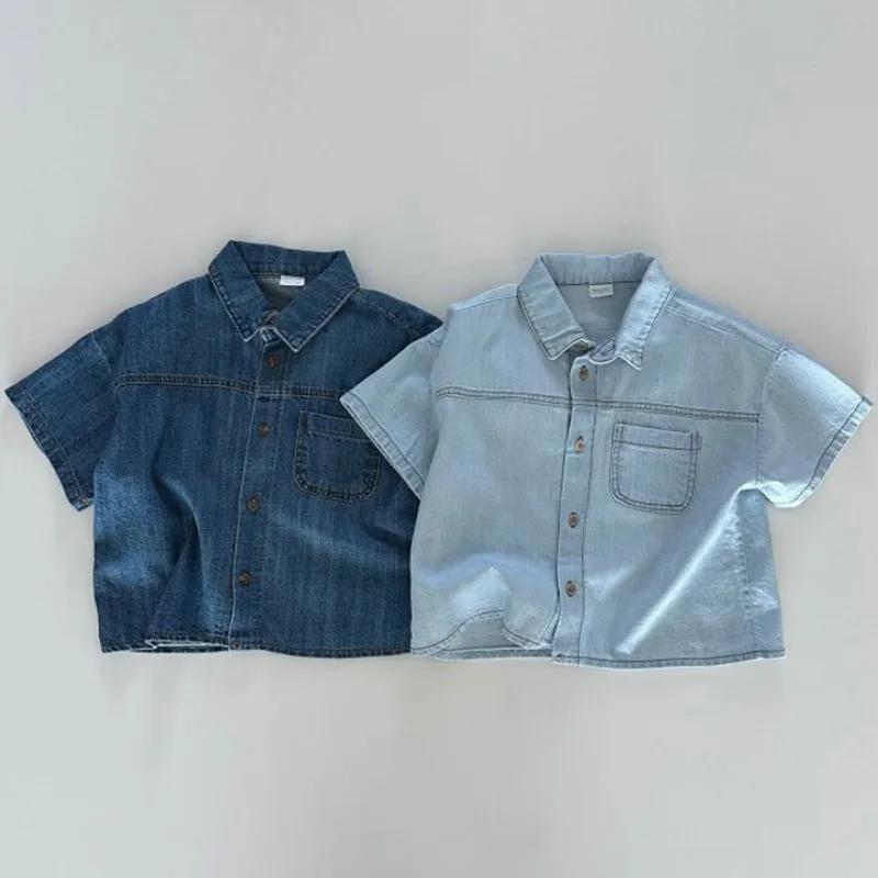 Korean Version of Short Sleeved Denim Shirt + Shorts Set for Boys and Girls Summer Fashionable Two-piece Set