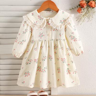 Girls Cotton Floral Dress Long Sleeve Peter Pan Collar Ruffle Hem Spring Autumn Baby Toddler Sweet Princess Party Dress