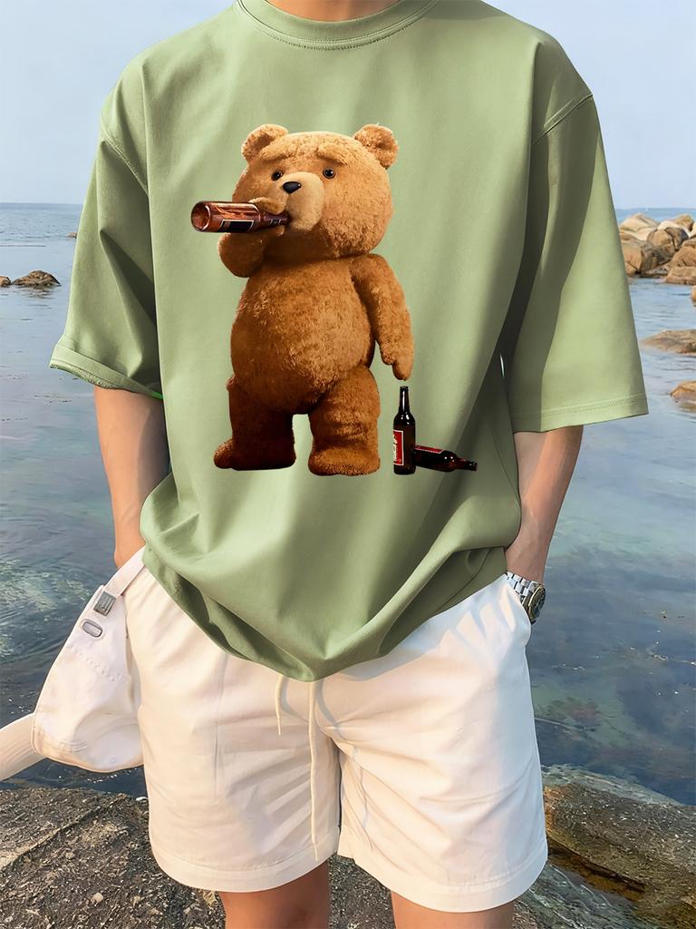 The Melancholic Bear Drinking Printing TShirt Women Cotton Summer T Shirt Comfortable Loose ONeck Tops Street Woman Clothes