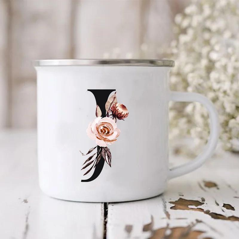 Initial Letter Print Mugs Enamel Creative Coffee Cups Drinks Wine Juice Milk Cup Vintage Home Office Handle Drinkware Best Gifts