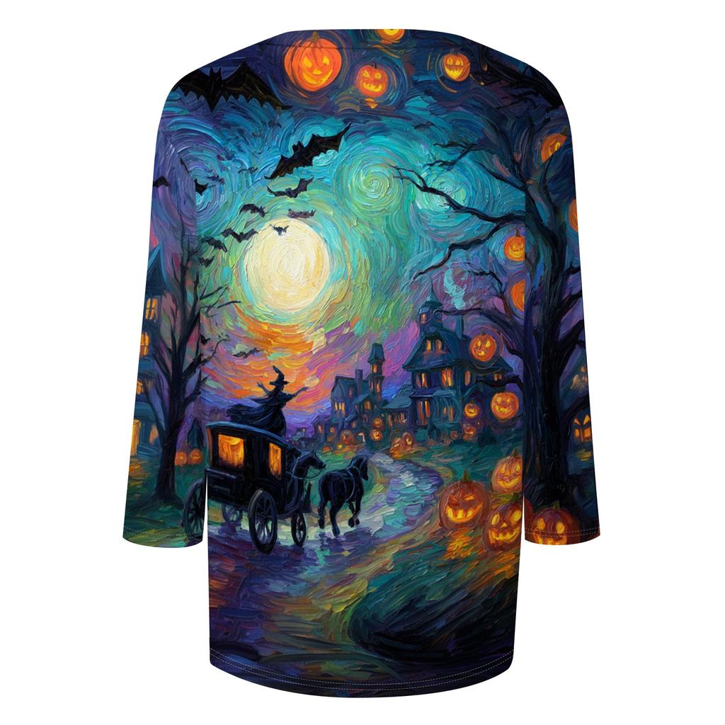 Women Halloween Pumpkin Print 3/4 Sleeve Shirt Round Neck Loose Fit Casual T-Shirt Top for Fall Seasonal Wear
