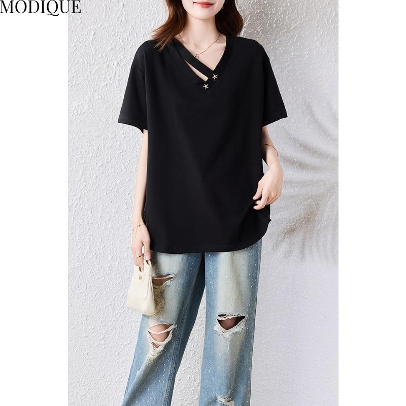 MODIQUE Spring Summer Plus Size New Women Loose Vintage Blouse Shirts Female Casual Oversize Short Sleeve V-Neck Top Elegant Lady Solid Black