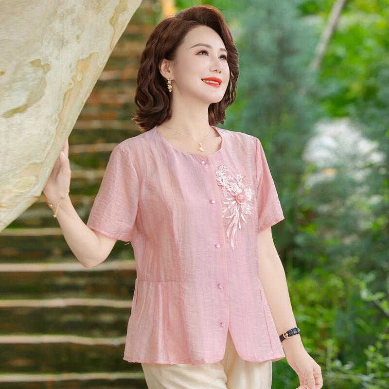 Elegant Embroidered Short Sleeve Blouse for Middle-Aged Women