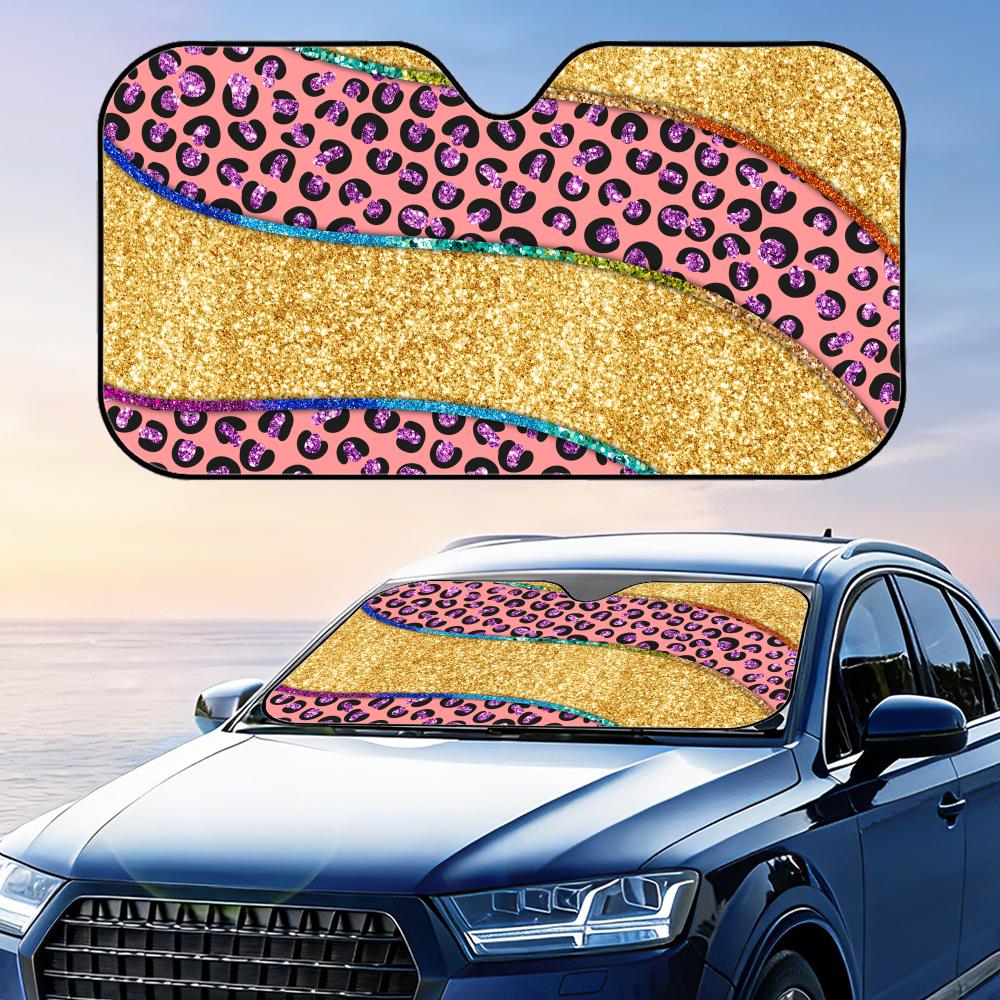 Pink Glitter Leopard Print Sun Visor Foldable Universal Car Windshield Sun Shade UV Protection Heat Insulation Foldable Cover