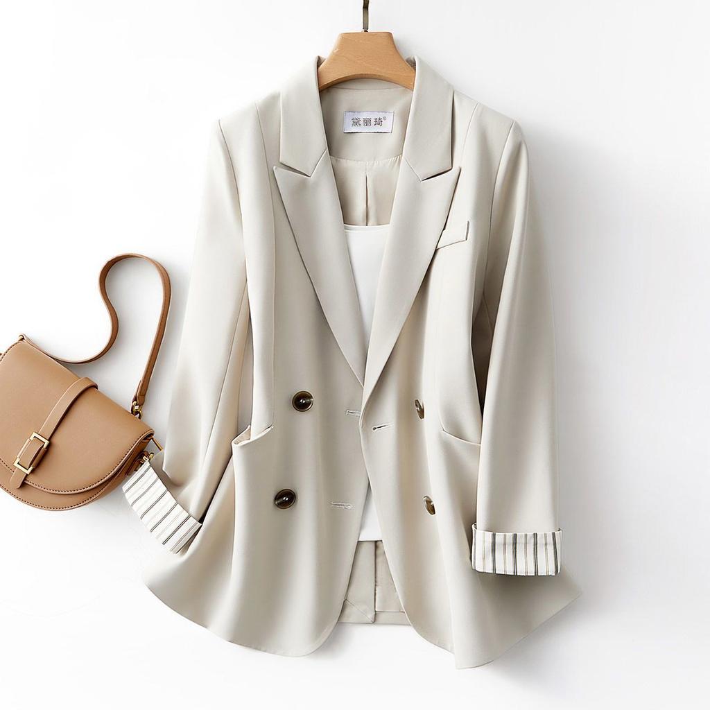 Chic Vertical Striped Blazer with Spring Contrast Cuffs, Elegant Suit Coat In Small Fresh Style