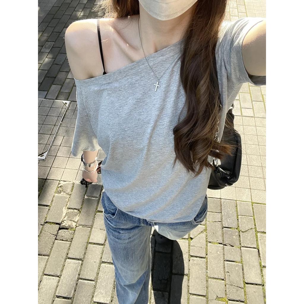 No Price Reduction #Irregular Pure Desire Slanted Shoulder Short-sleeved T-shirt Ins Trendy Loose and Thin Solid Color Chic Top Women's Summer